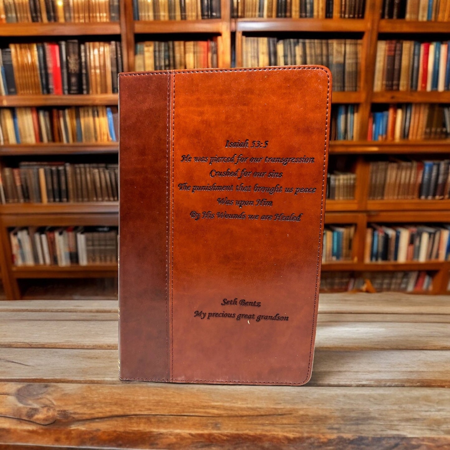 Custom leather Bible with name engraving close-up