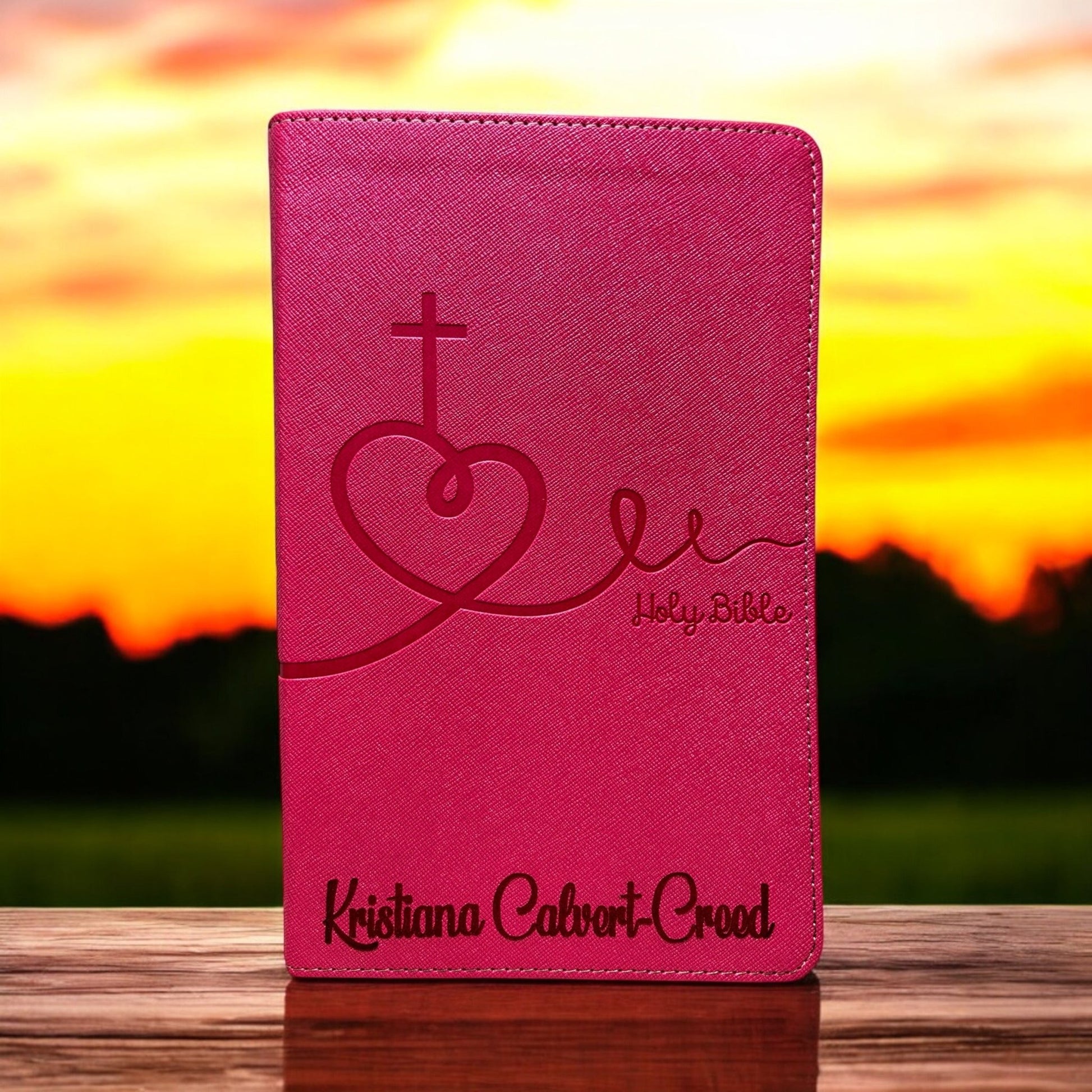 Engraved NIV Bible with personalized name on pink cover