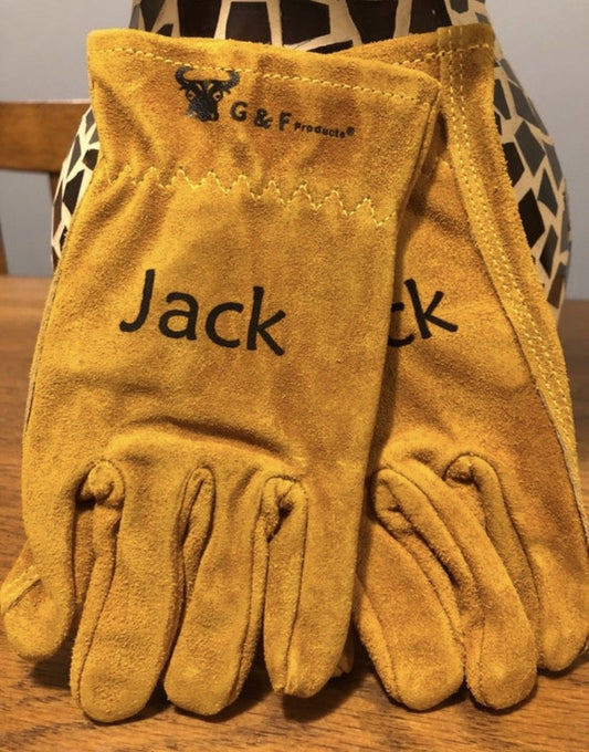 "Custom engraved kids gloves with name and snowflake design"