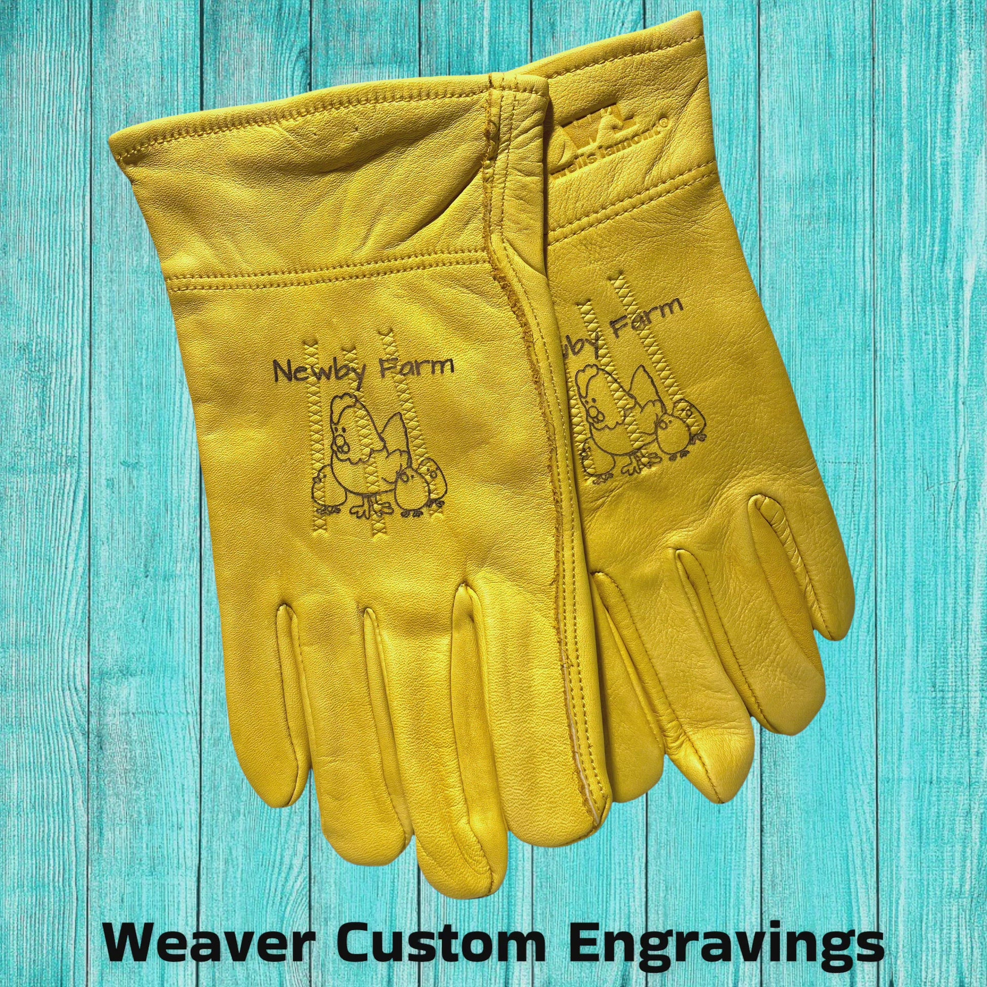 Custom engraved farm gloves with personalized text and graphics.