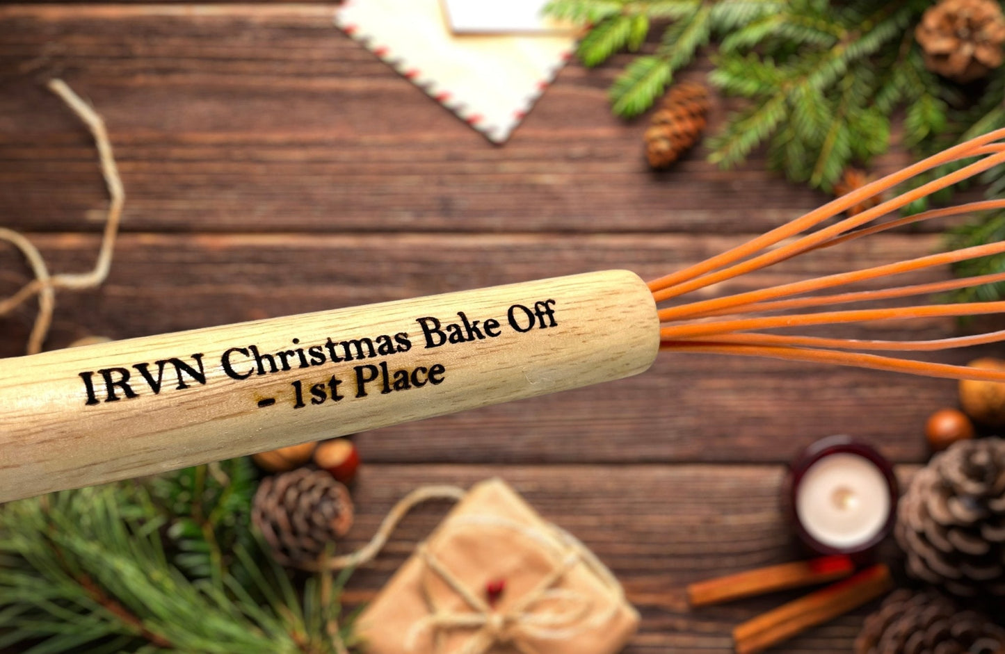 Engraved whisk with name on a wooden handle for a personal touch