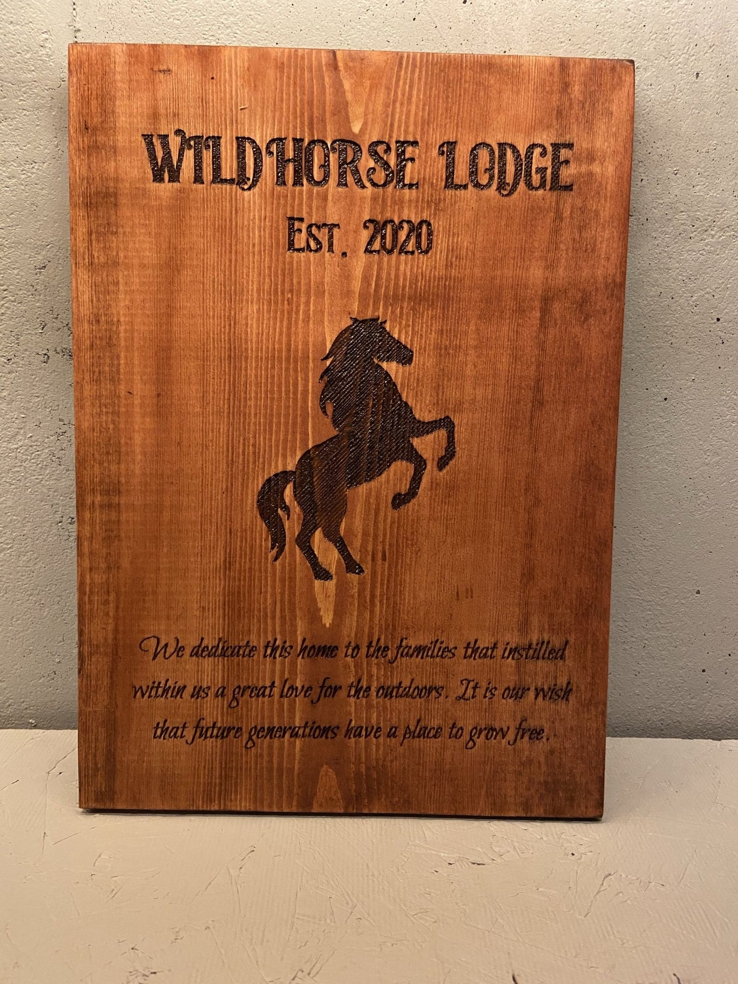 "Wild Horse Lodge" Custom Sign Signs Weaver Custom Engravings Small (7" x 5") No Stain (Plain Wood Color) Yes Waterproof