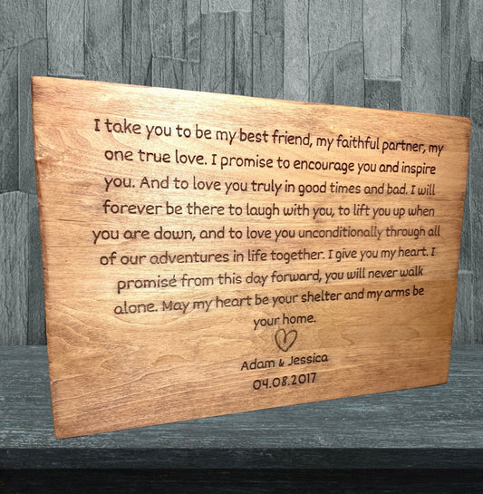 Custom wedding vows wood sign, a meaningful personalized anniversary gift from Weaver Custom Engravings