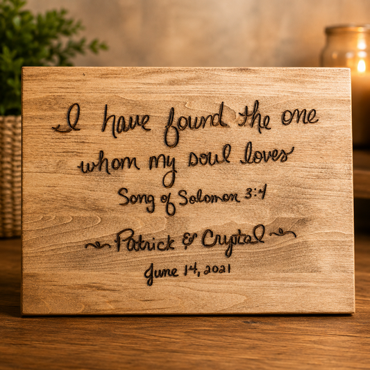 Personalized handwriting wood sign laser engraved from actual handwriting by Weaver Custom Engravings