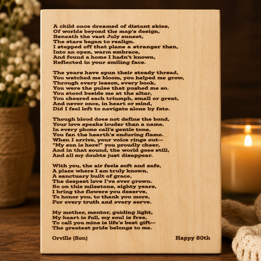 80th birthday gift for Mom with personalized poem engraved on wood
