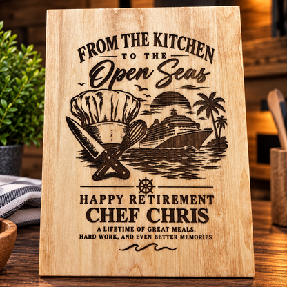Chef retirement gift engraved with name and open seas cruise design
