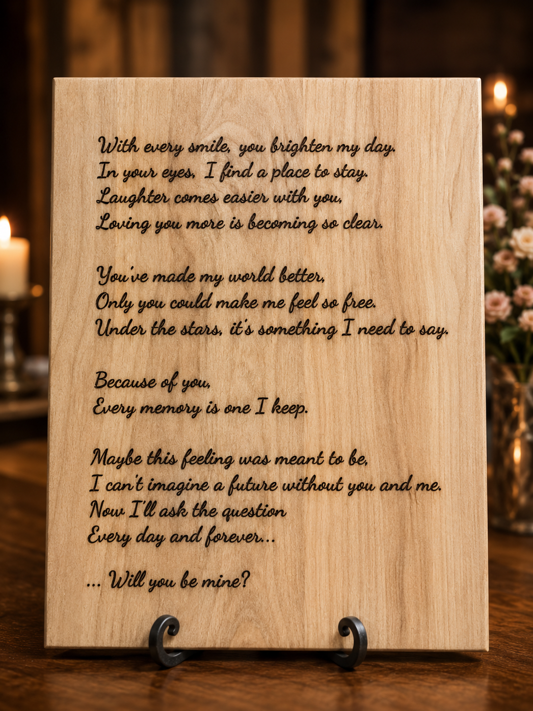 Custom engraved wood proposal sign with romantic poem
