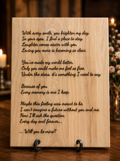 Custom engraved wood proposal sign with romantic poem
