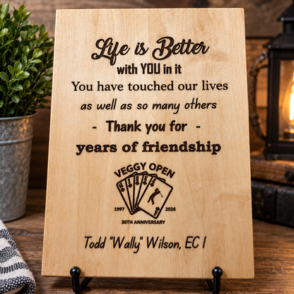 Custom wood appreciation plaque with personalized thank you message
