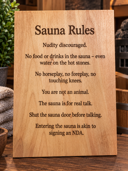 Funny sauna rules sign with custom sayings engraved on wood