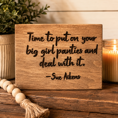 Funny wood sign with Big Girl Panties Sue Aikens saying engraved in wood