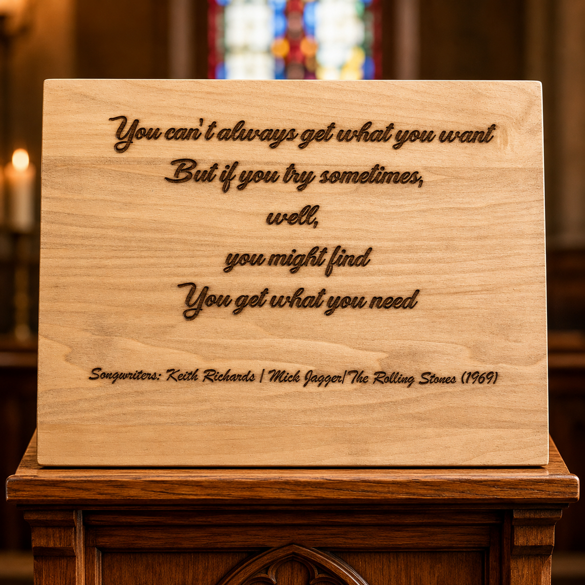 A rectangular wooden plaque engraved with a motivational quote and songwriters' names, displayed on a dark wooden altar stand in a church setting with blurred stained glass and candles in the background.