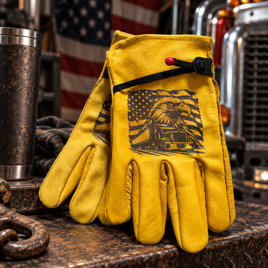 Patriotic truck driver gloves engraved with American flag bald eagle and semi
