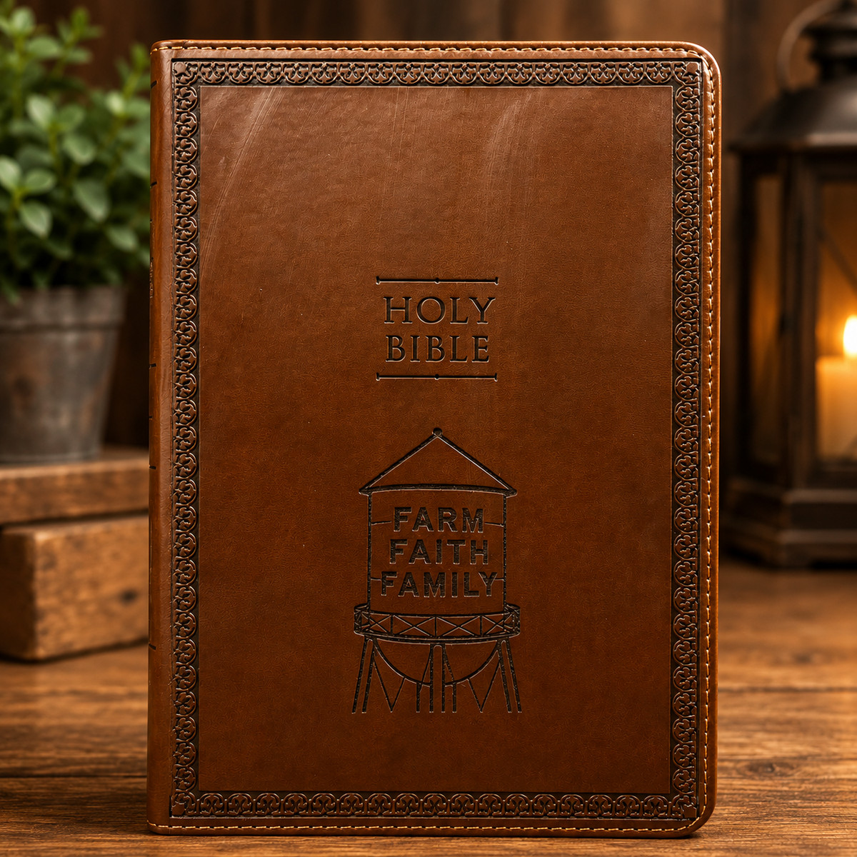 Personalized NIV Bible engraved with Farm Faith Family design
