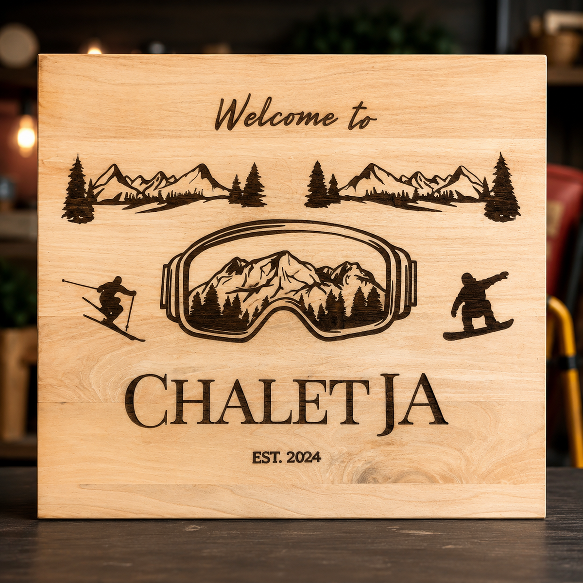 Personalized ski house decor with mountains ski goggles and snowboarder
