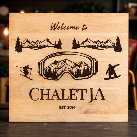 Personalized ski house decor with mountains ski goggles and snowboarder
