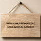 Wooden boat sign engraved with Life's Good on Our Boat saying
