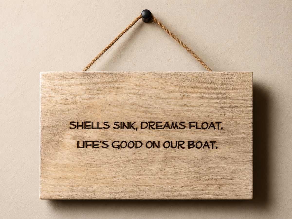 Wooden boat sign engraved with Life's Good on Our Boat saying
