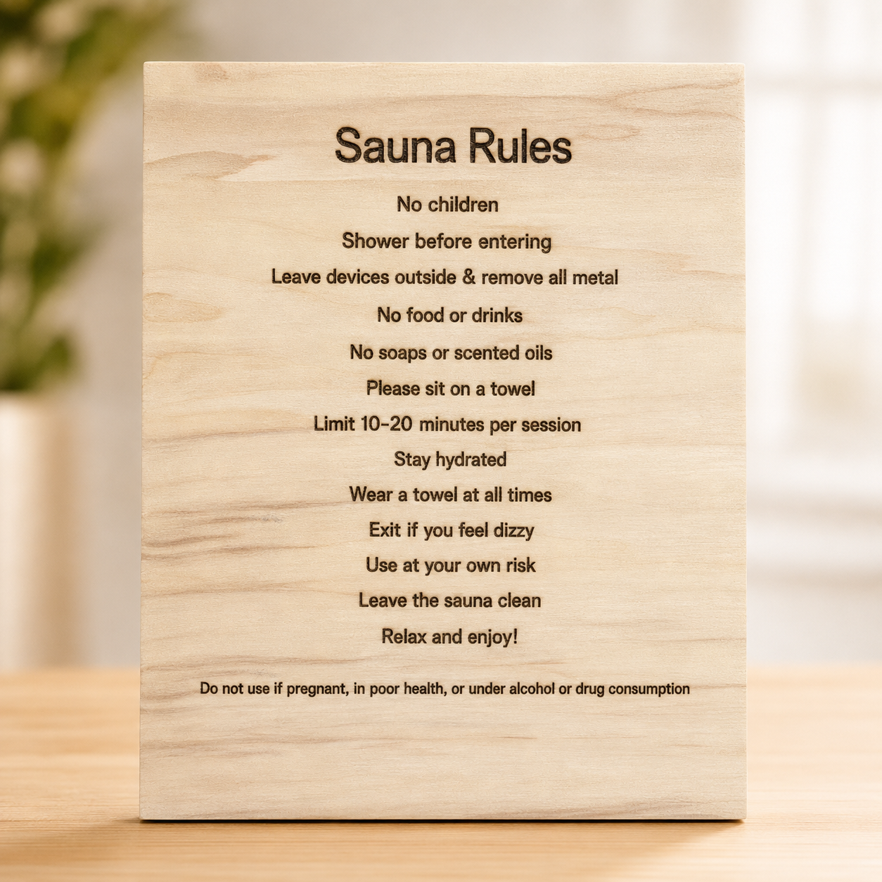custom sauna rules sign engraved on solid wood