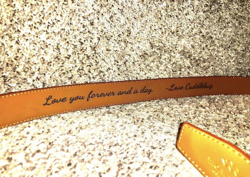 Personalized leather belt, ideal for special occasions, with a hidden message.
