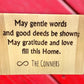 Custom engraved 'Gentle Words & Good Deeds' wood sign for home decor.