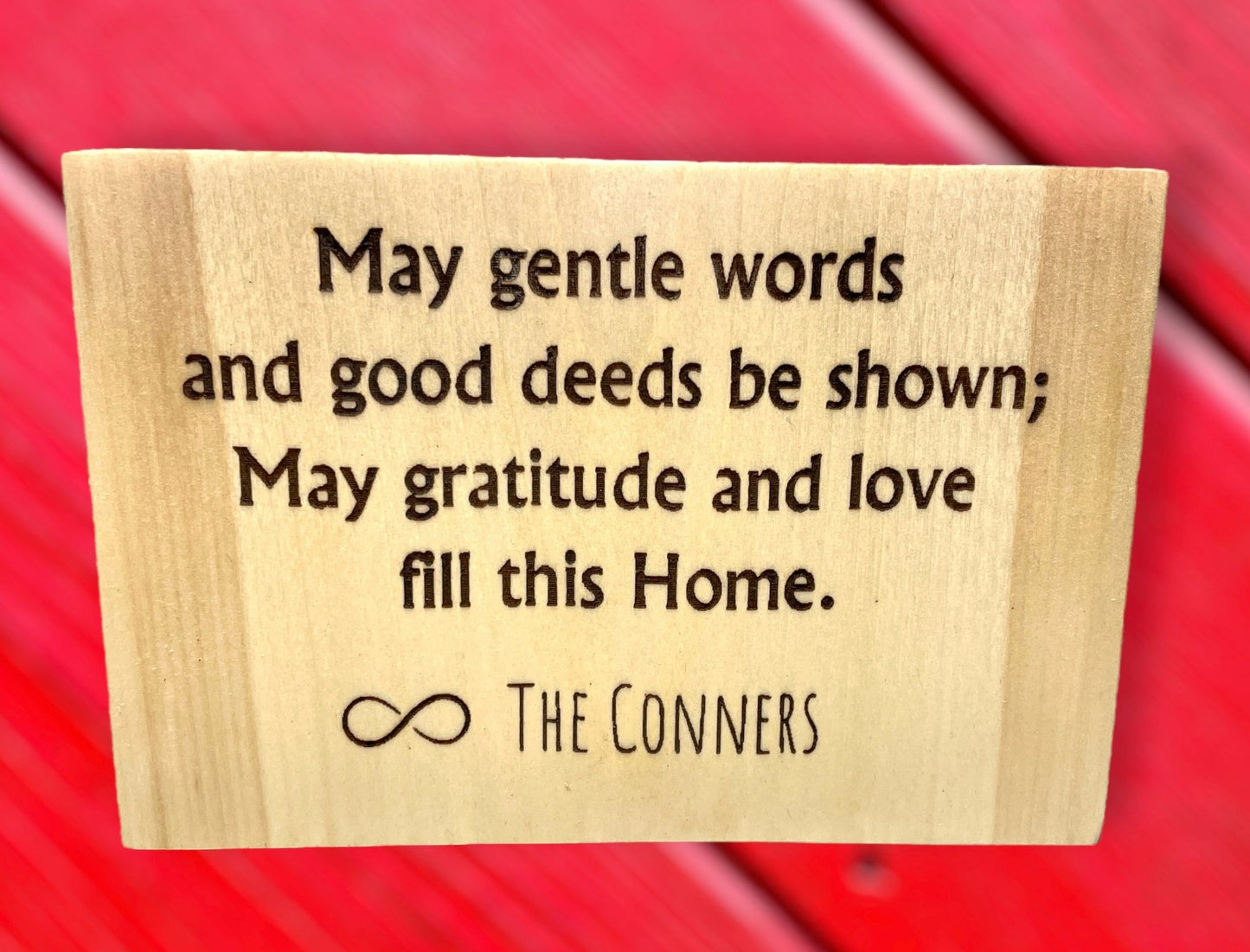 Custom engraved 'Gentle Words & Good Deeds' wood sign for home decor.