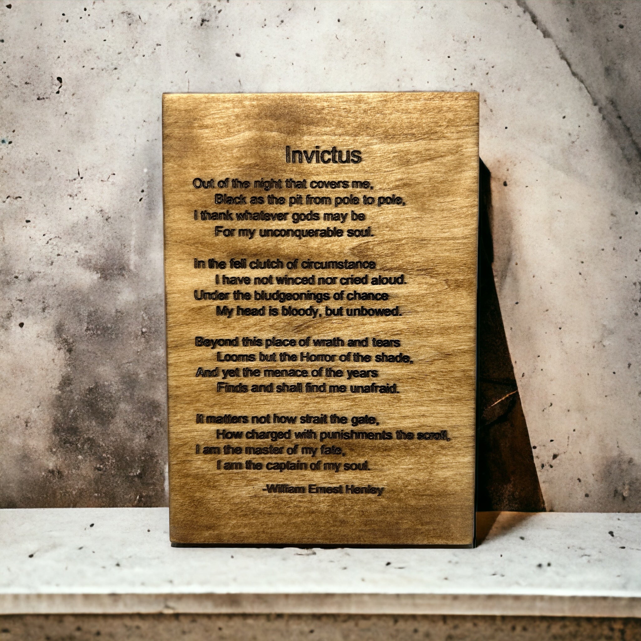 Rustic Wood 2024 Plaque with Invictus Poem - Invictus Poem by William Ernest Henley Transferred on Barkside Wood