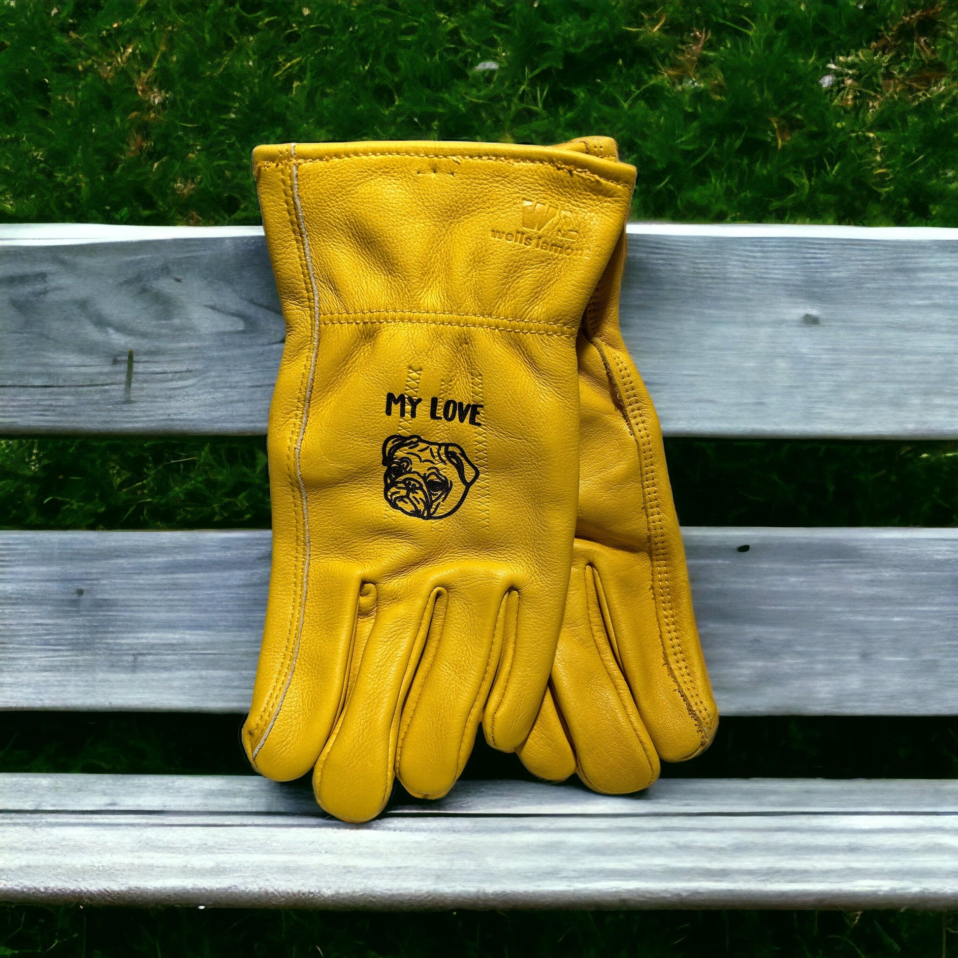 Personalized Leather Work Gloves: 'My Love' with a Pug Graphic
