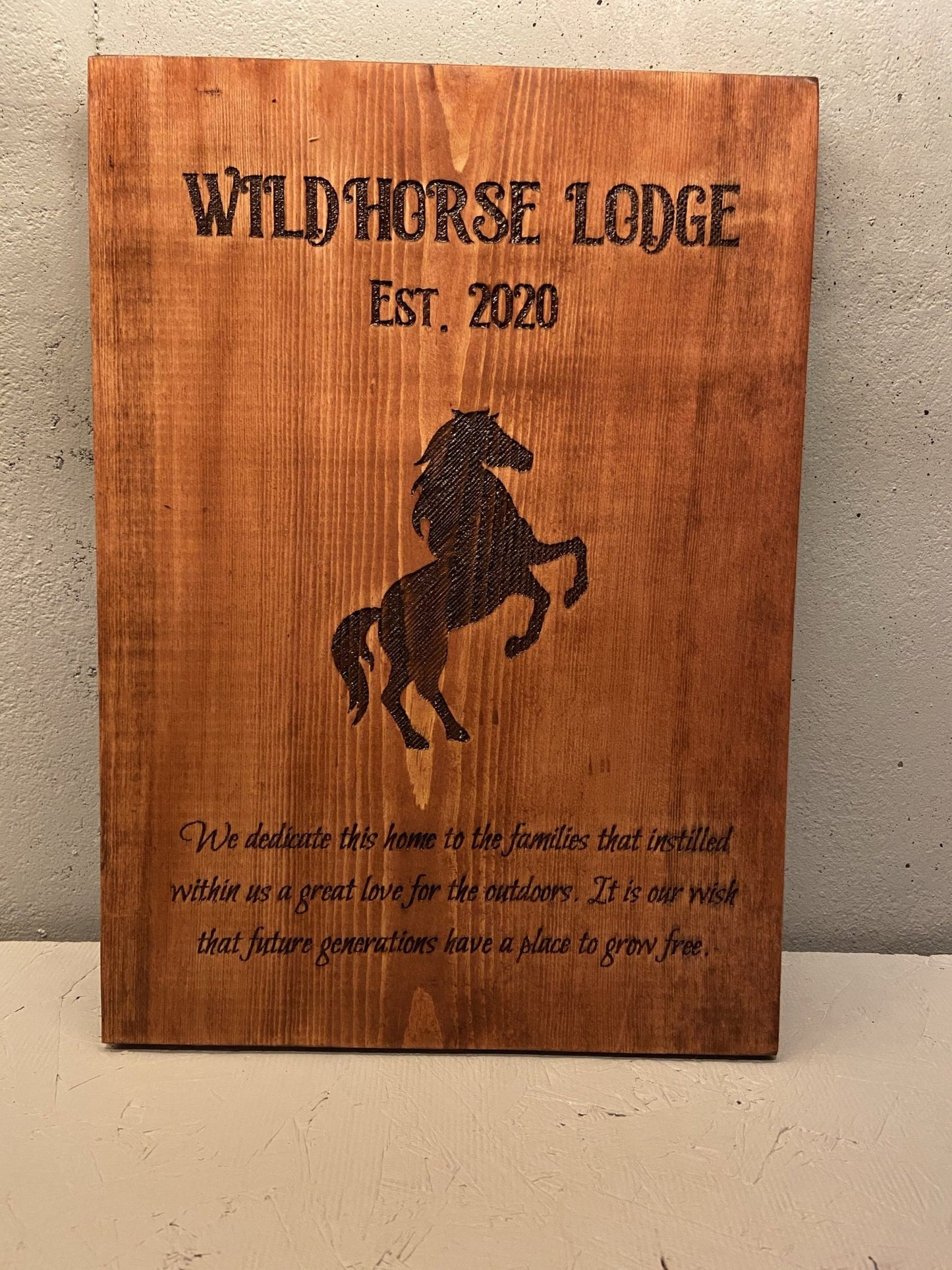 "Wild Horse Lodge" Custom Sign Signs Weaver Custom Engravings Small (7" x 5") No Stain (Plain Wood Color) Yes Waterproof